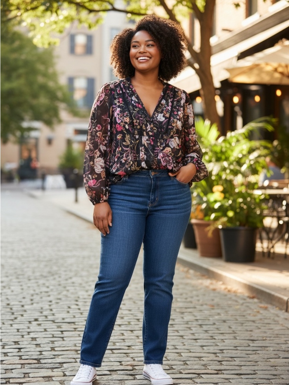 Johnny Was Black Floral V-Neck Blouse with Pink and Cream Accents